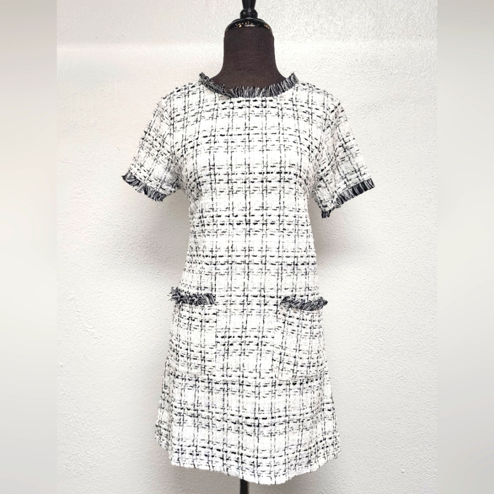 Women's Tweed Short Sleeve Shift Tunic Dress with Pockets